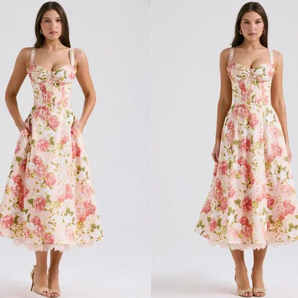 House of CB 'Rosalee' Pink Peony Print Cotton Bustier Sundress NWOT